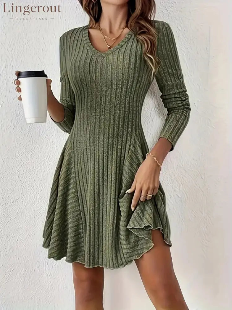 Ribbed Knit V‑Neck Long‑Sleeve Flared Mini Dress - green / S