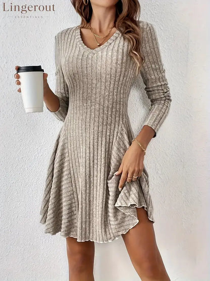 Ribbed Knit V‑Neck Long‑Sleeve Flared Mini Dress - khaki / S