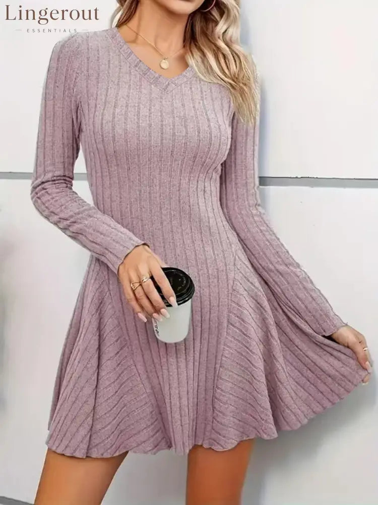 Ribbed Knit V‑Neck Long‑Sleeve Flared Mini Dress - pale lotus‑root pink / S