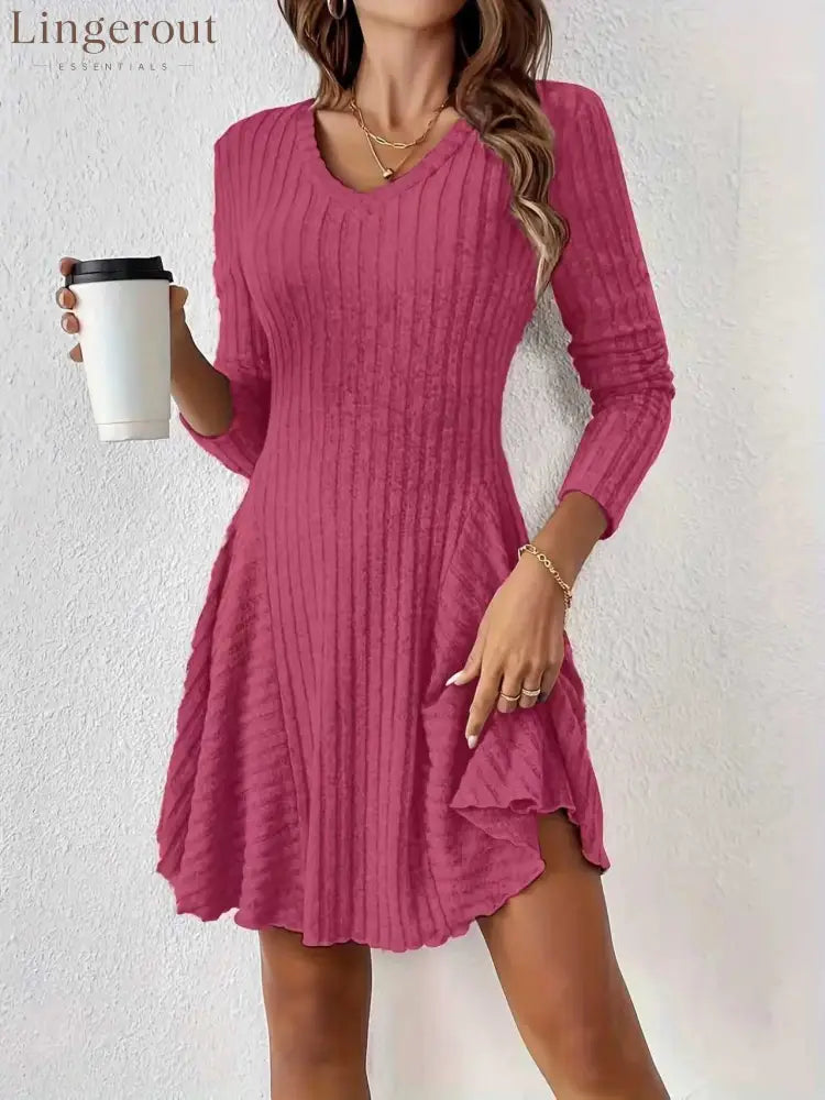 Ribbed Knit V‑Neck Long‑Sleeve Flared Mini Dress - pink / S