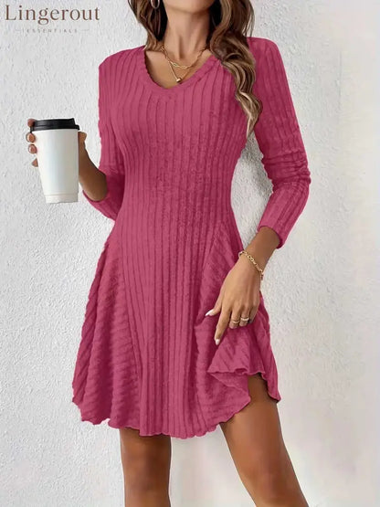 Ribbed Knit V‑Neck Long‑Sleeve Flared Mini Dress - pink / S
