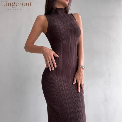 Ribbed Knitted Sleeveless Bodycon Maxi Dress - Coffee / S