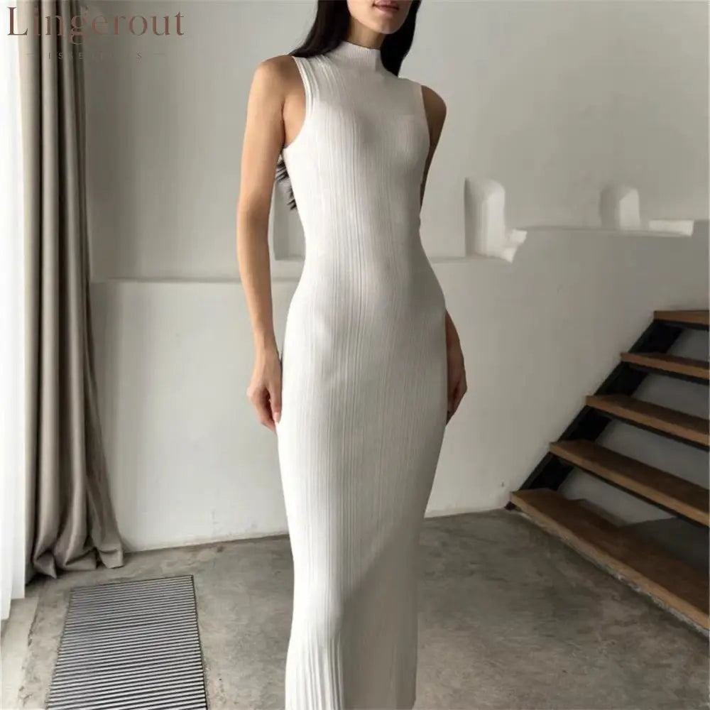 Ribbed Knitted Sleeveless Bodycon Maxi Dress - White / S