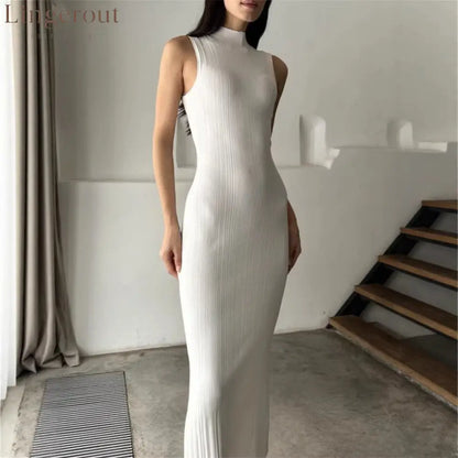Ribbed Knitted Sleeveless Bodycon Maxi Dress - White / S
