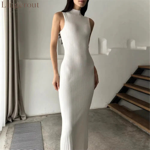 Ribbed Knitted Sleeveless Bodycon Maxi Dress - White / S