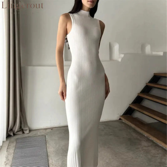 Ribbed Knitted Sleeveless Bodycon Maxi Dress - White / S