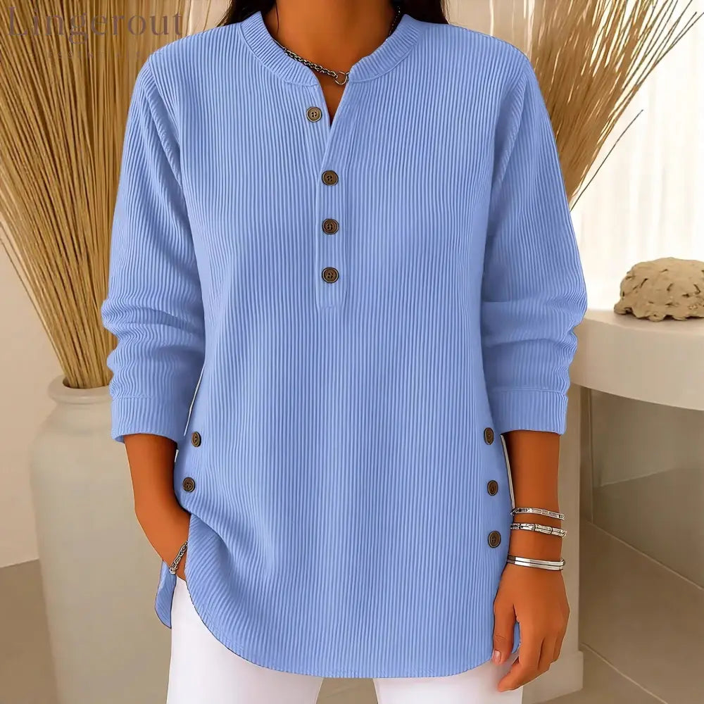 Ribbed Mandarin Collar Tunic Top | Button-Detail Blouse