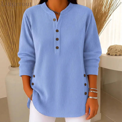 Ribbed Mandarin Collar Tunic Top | Button-Detail Blouse