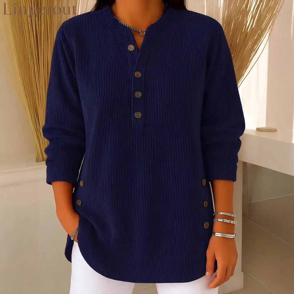 Ribbed Mandarin Collar Tunic Top | Button-Detail Blouse