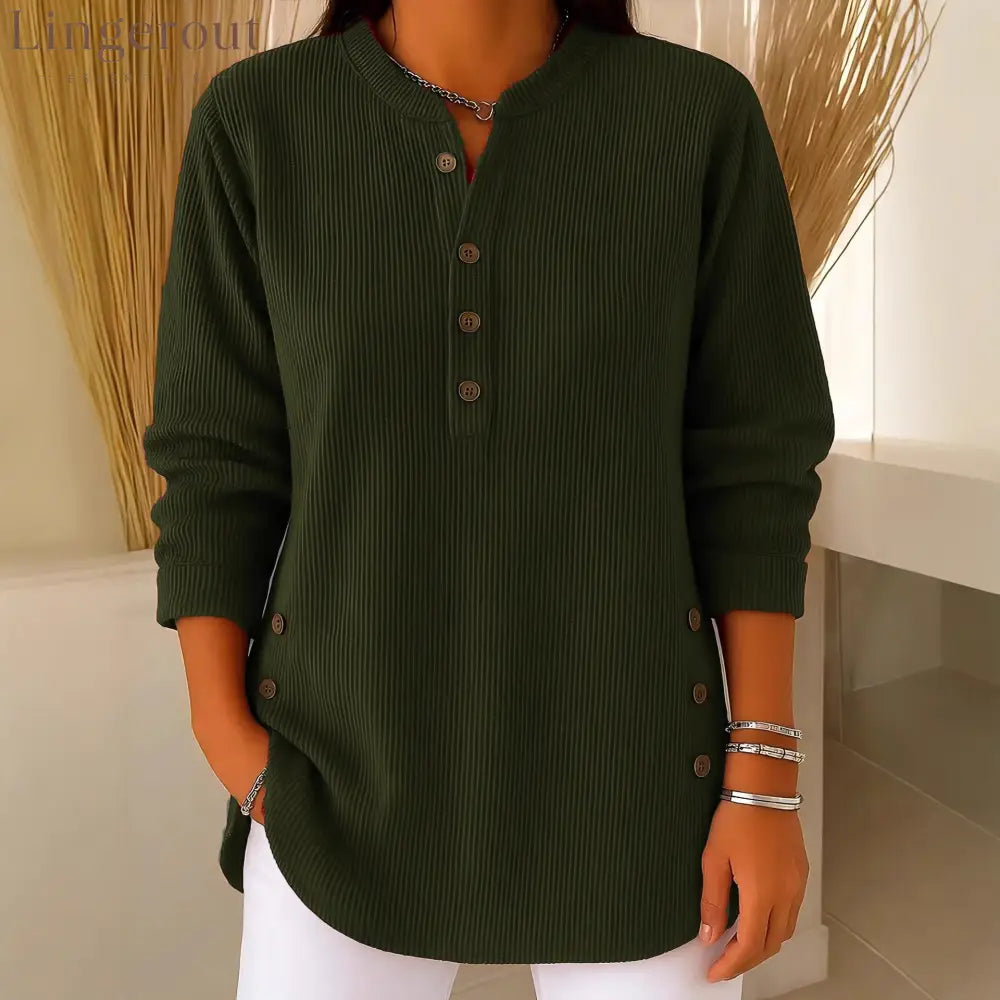 Ribbed Mandarin Collar Tunic Top | Button-Detail Blouse