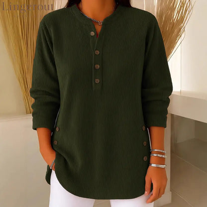 Ribbed Mandarin Collar Tunic Top | Button-Detail Blouse