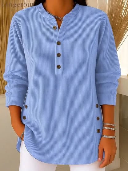 Ribbed Mandarin Collar Tunic Top | Button-Detail Blouse