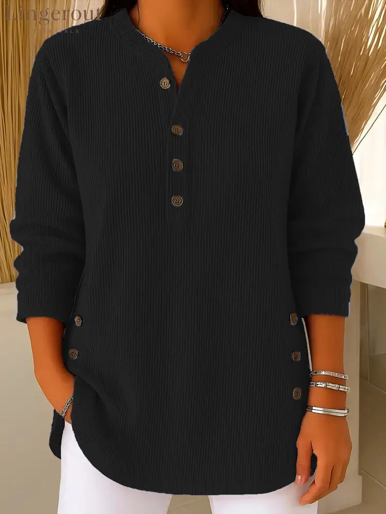 Ribbed Mandarin Collar Tunic Top | Button-Detail Blouse - Black / S