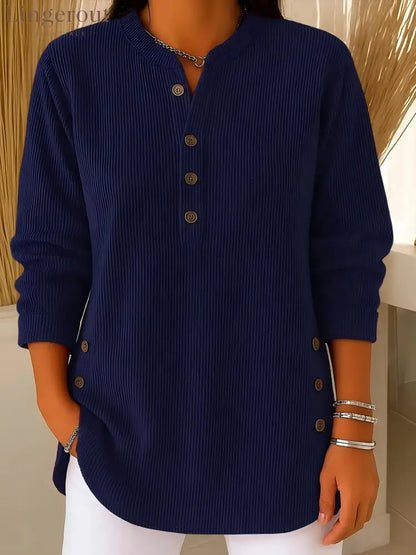 Ribbed Mandarin Collar Tunic Top | Button-Detail Blouse - Navy / S