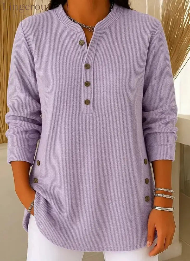 Ribbed Mandarin Collar Tunic Top | Button-Detail Blouse - Purple / S