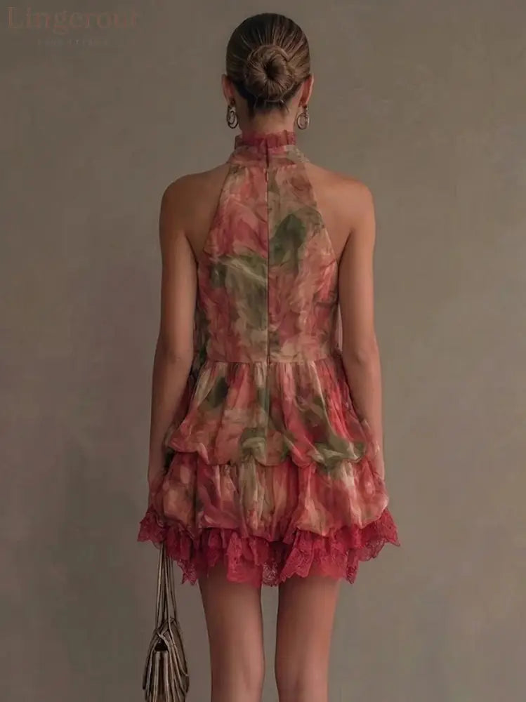 Romantic Floral Halter Tiered Lace Trim Mini Dress