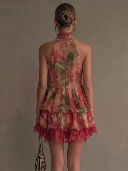 Romantic Floral Halter Tiered Lace Trim Mini Dress