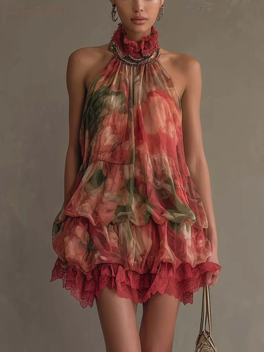 Romantic Floral Halter Tiered Lace Trim Mini Dress - Red / S