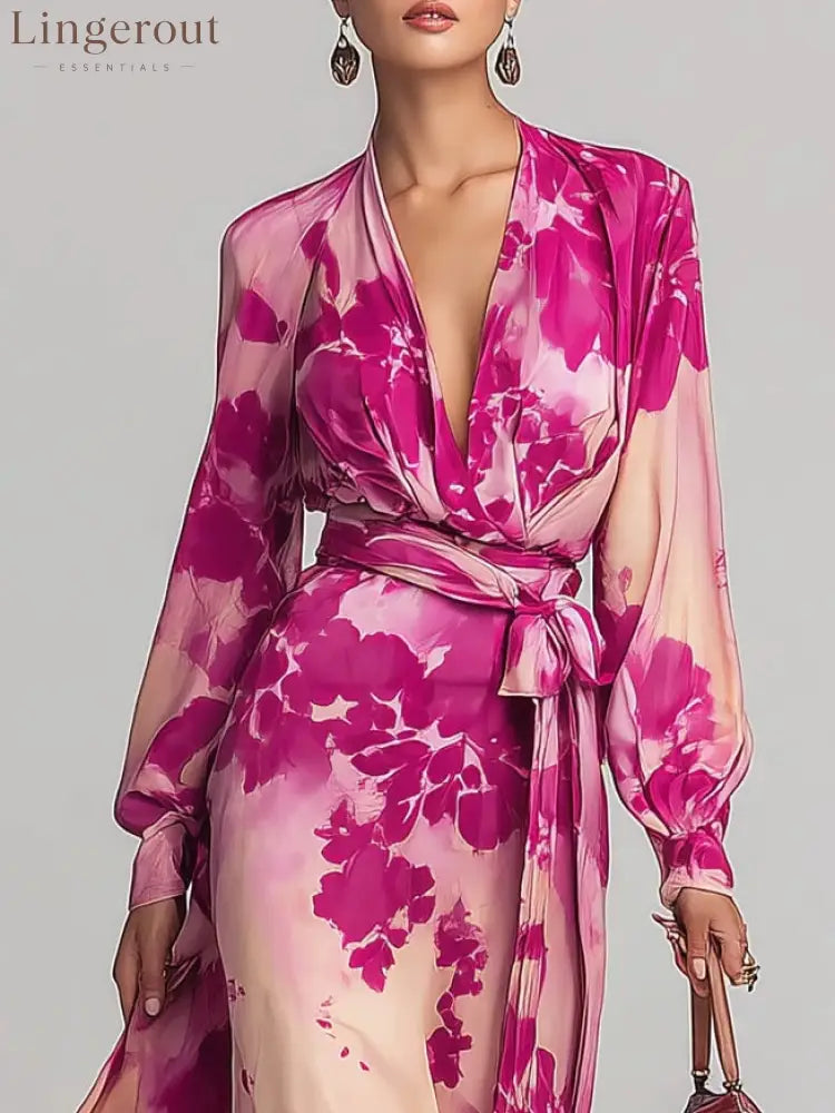 Rose Red Floral V-neck Belted Maxi Dress