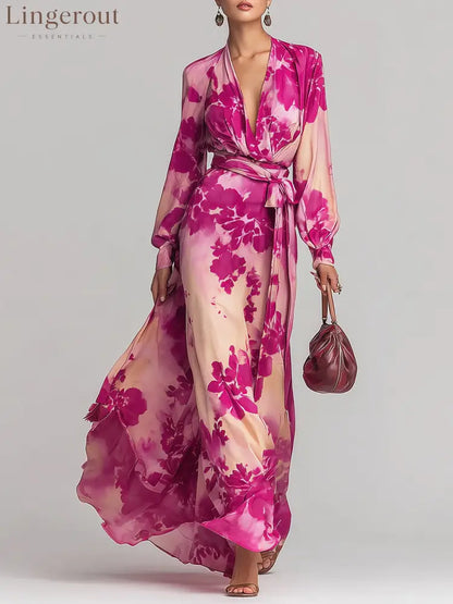 Rose Red Floral V-neck Belted Maxi Dress - Rose Red / XS(2)