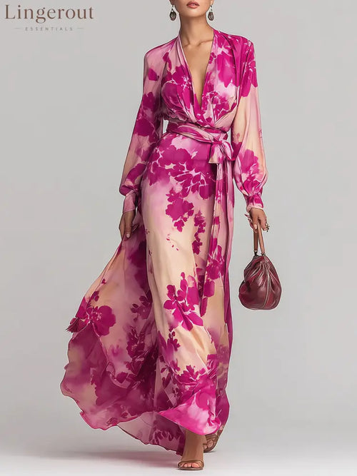 Rose Red Floral V-neck Belted Maxi Dress - Rose Red / XS(2)