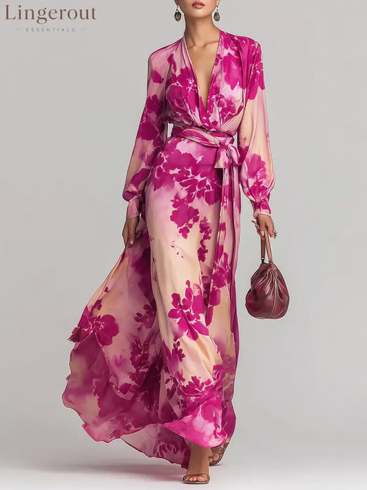 Rose Red Floral V-neck Belted Maxi Dress - Rose Red / XS(2)