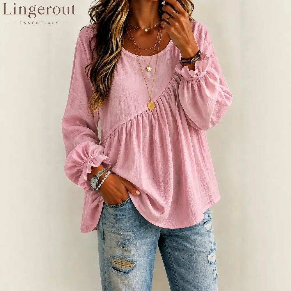 Round Neck Gathered Babydoll Blouse With Ruffle Balloon Long Sleeves