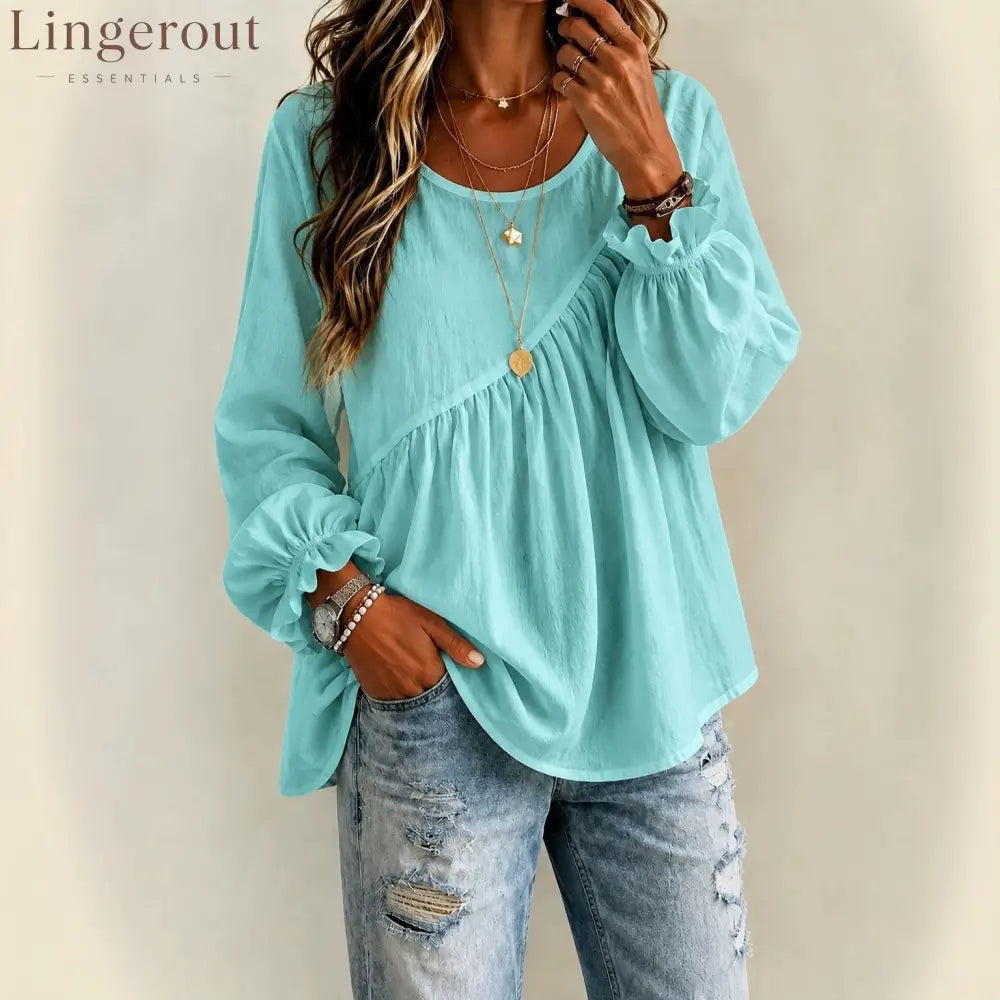Round Neck Gathered Babydoll Blouse With Ruffle Balloon Long Sleeves