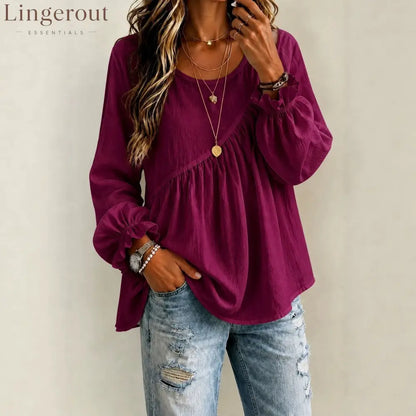 Round Neck Gathered Babydoll Blouse With Ruffle Balloon Long Sleeves