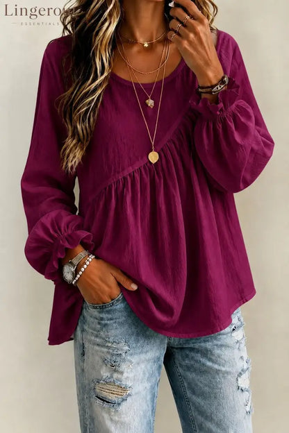 Round Neck Gathered Babydoll Blouse With Ruffle Balloon Long Sleeves - Claret / S