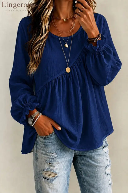 Round Neck Gathered Babydoll Blouse With Ruffle Balloon Long Sleeves - Dark blue / S