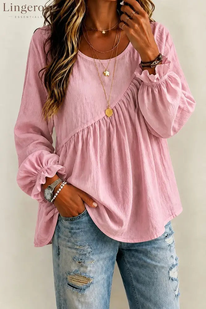 Round Neck Gathered Babydoll Blouse With Ruffle Balloon Long Sleeves - Pink / S