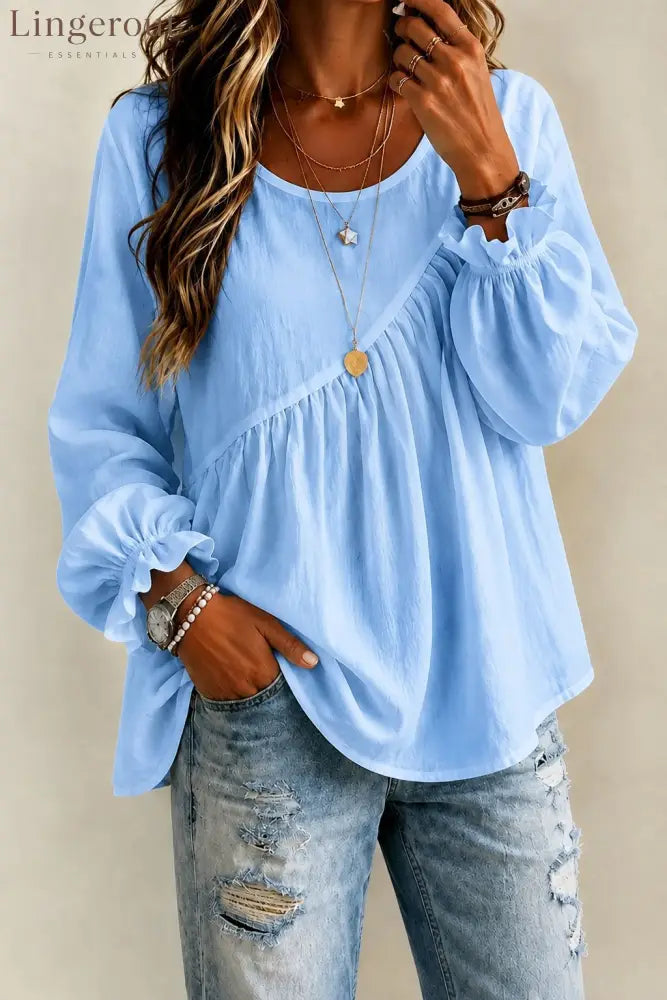 Round Neck Gathered Babydoll Blouse With Ruffle Balloon Long Sleeves - Sky blue / S
