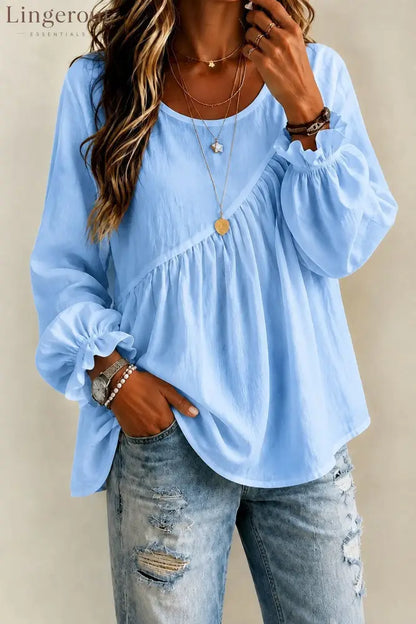 Round Neck Gathered Babydoll Blouse With Ruffle Balloon Long Sleeves - Sky blue / S