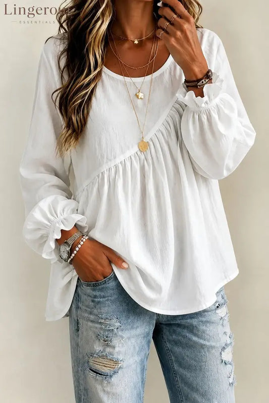 Round Neck Gathered Babydoll Blouse With Ruffle Balloon Long Sleeves - White / S