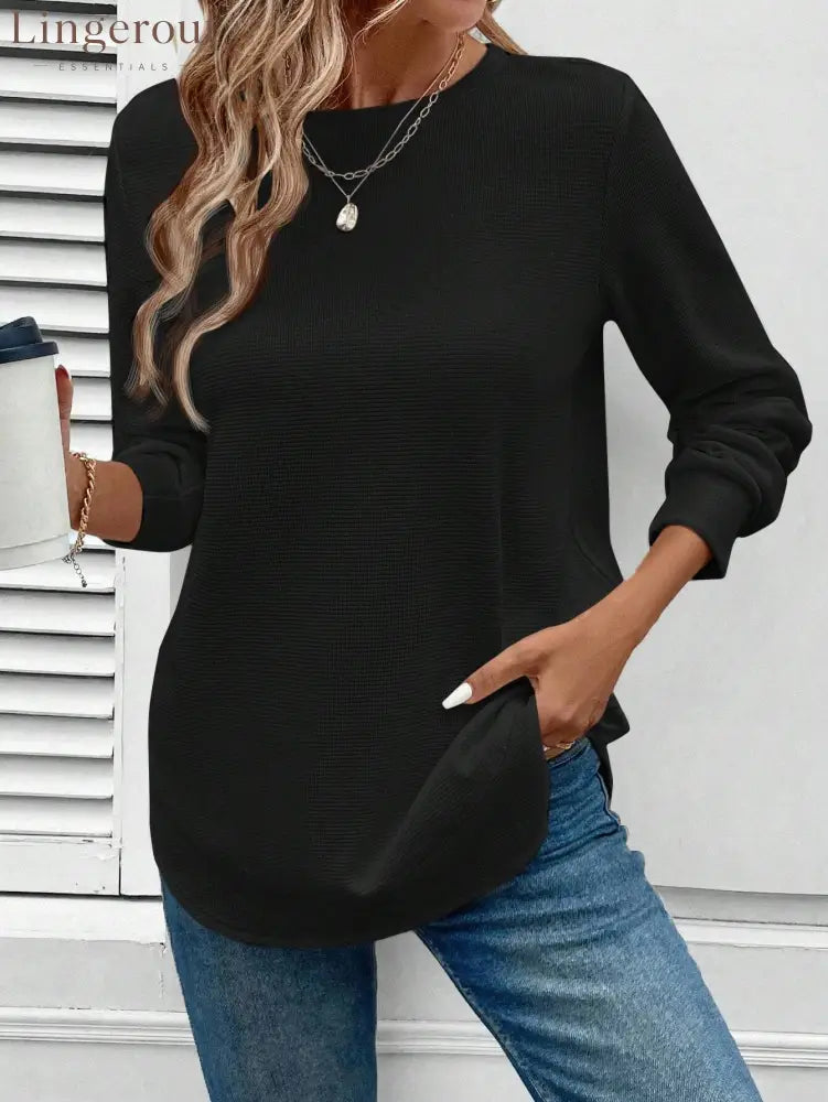 Round Neck Long Sleeve Solid Color Top