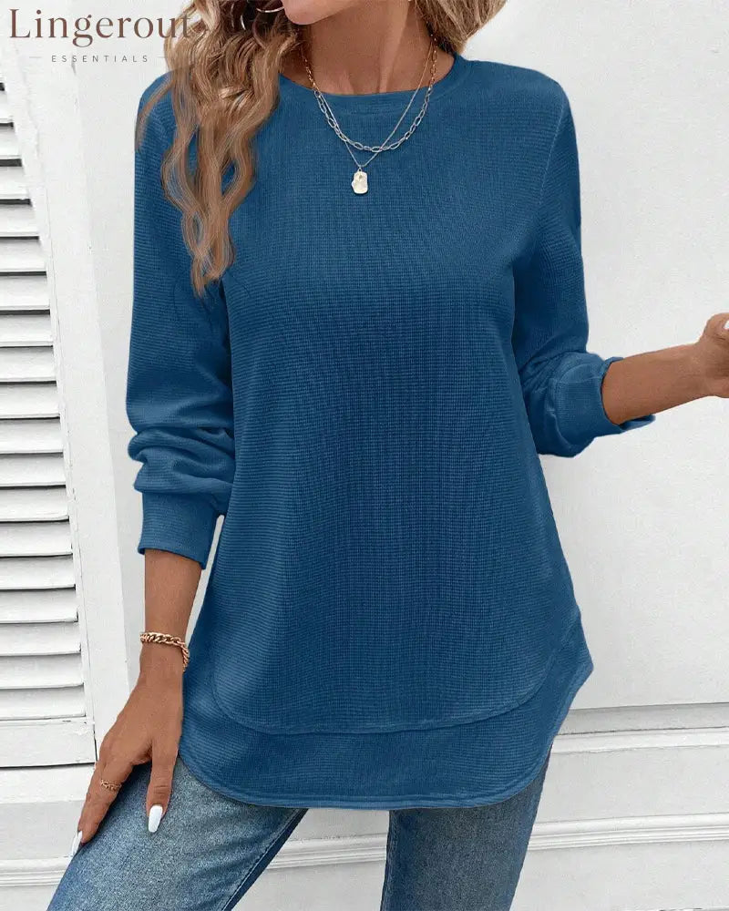 Round Neck Long Sleeve Solid Color Top - Blue / S