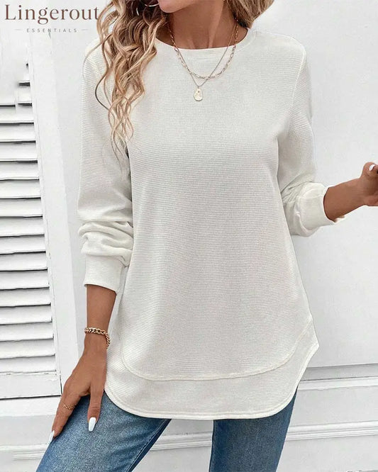 Round Neck Long Sleeve Solid Color Top - White / S
