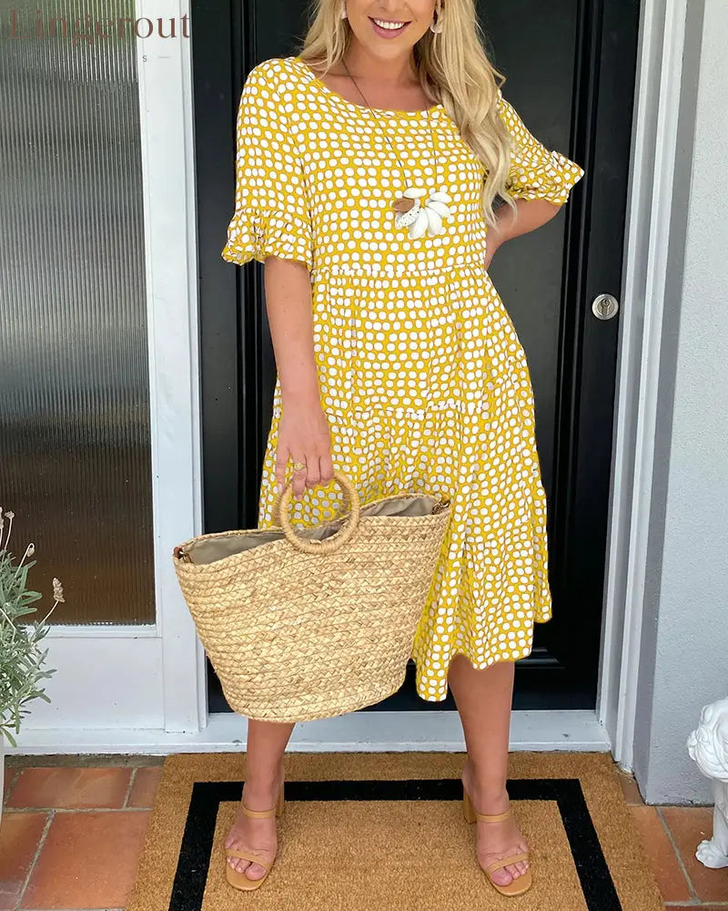 Round neck polka dot print midi dress - Yellow / S