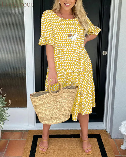 Round neck polka dot print midi dress - Yellow / S