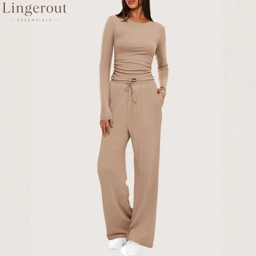 Ruched Long Sleeve Top & Drawstring Waist Pocket Wide Leg Pants Two Piece Set