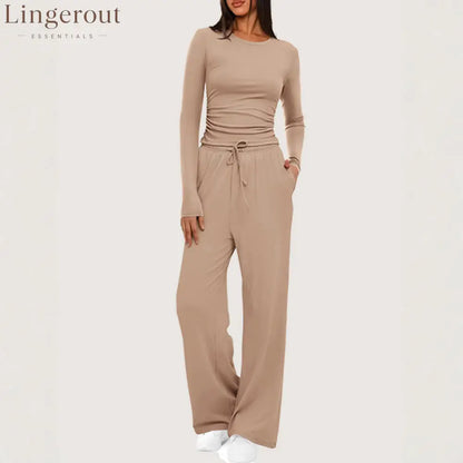 Ruched Long Sleeve Top & Drawstring Waist Pocket Wide Leg Pants Two Piece Set