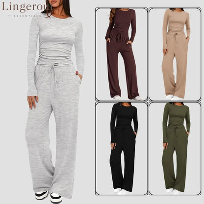 Ruched Long Sleeve Top & Drawstring Waist Pocket Wide Leg Pants Two Piece Set