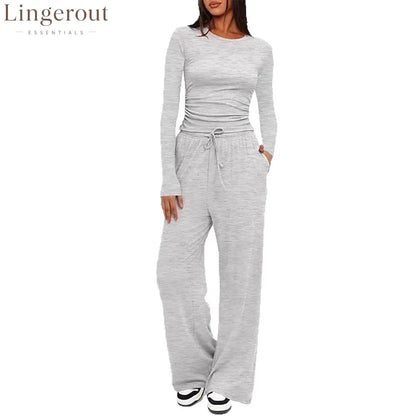Ruched Long Sleeve Top & Drawstring Waist Pocket Wide Leg Pants Two Piece Set