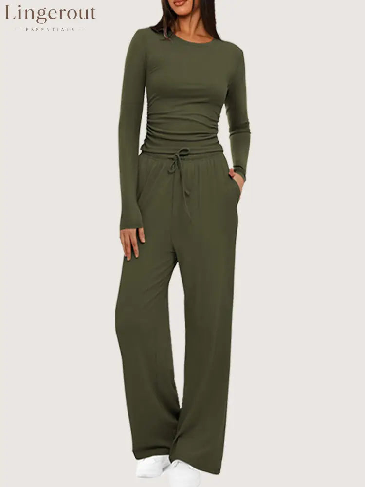 Ruched Long Sleeve Top & Drawstring Waist Pocket Wide Leg Pants Two Piece Set - Army green / S
