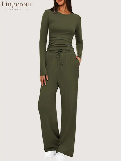 Ruched Long Sleeve Top & Drawstring Waist Pocket Wide Leg Pants Two Piece Set - Army green / S