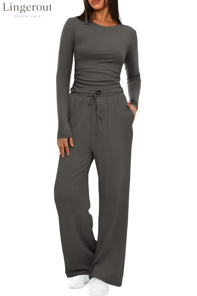 Ruched Long Sleeve Top & Drawstring Waist Pocket Wide Leg Pants Two Piece Set - Dark gray / S