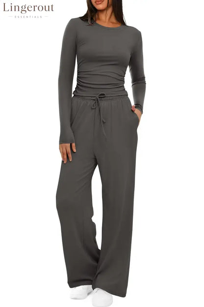 Ruched Long Sleeve Top & Drawstring Waist Pocket Wide Leg Pants Two Piece Set - Dark gray / S