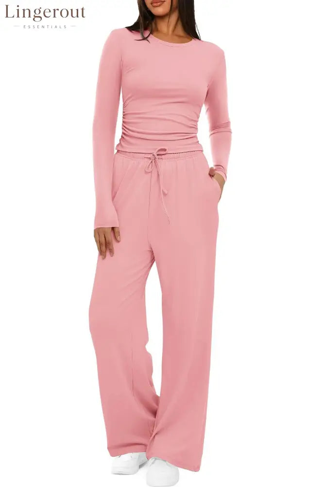 Ruched Long Sleeve Top & Drawstring Waist Pocket Wide Leg Pants Two Piece Set - Pink / S