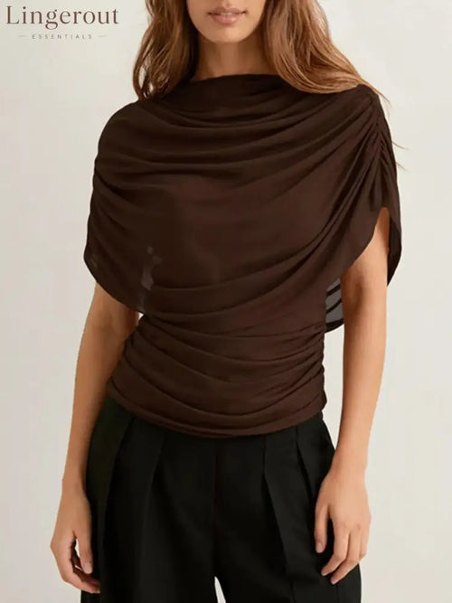 Ruched Short Sleeve Top - Brown / S